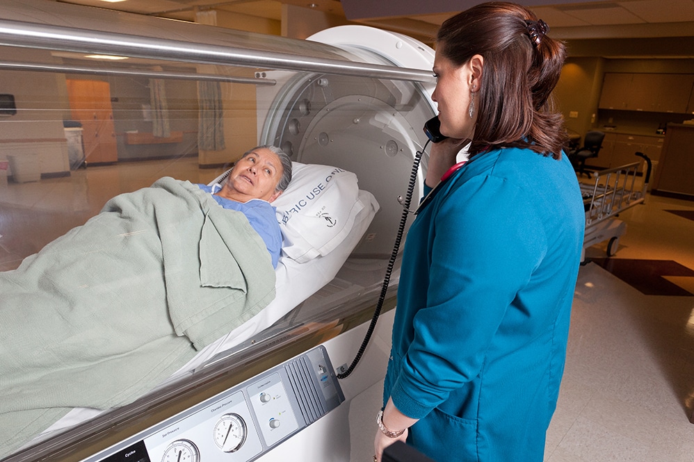 A patient in hyperbaric oxygen therapy